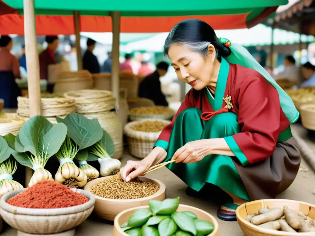 Una anciana coreana en hanbok selecciona ginseng en un bullicioso mercado de Seúl, mostrando su experiencia en el uso del ginseng en la cocina coreana