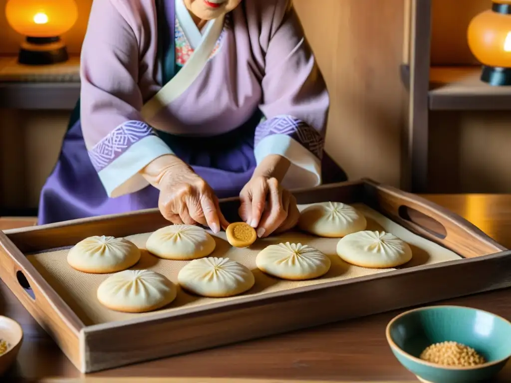 Una anciana coreana viste un hanbok tradicional mientras prepara galletas tradicionales coreanas Yakgwa en una cocina que combina la tradición y la modernidad