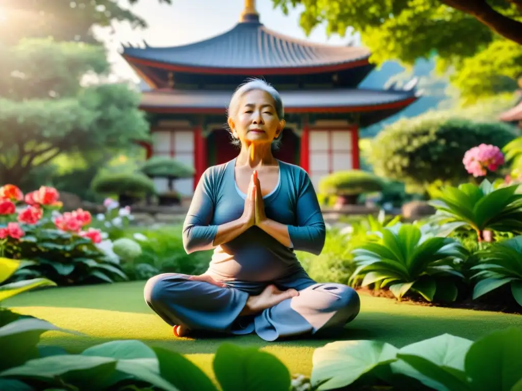 Una anciana practica yoga en un exuberante jardín asiático