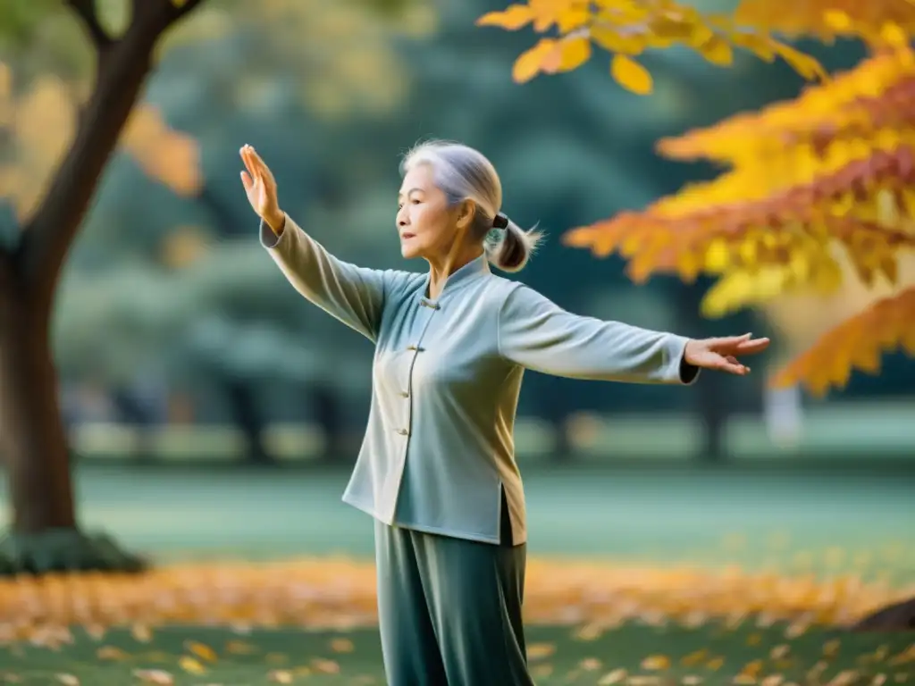 Una anciana practica Tai Chi con gracia en un parque sereno en otoño, irradiando tranquilidad