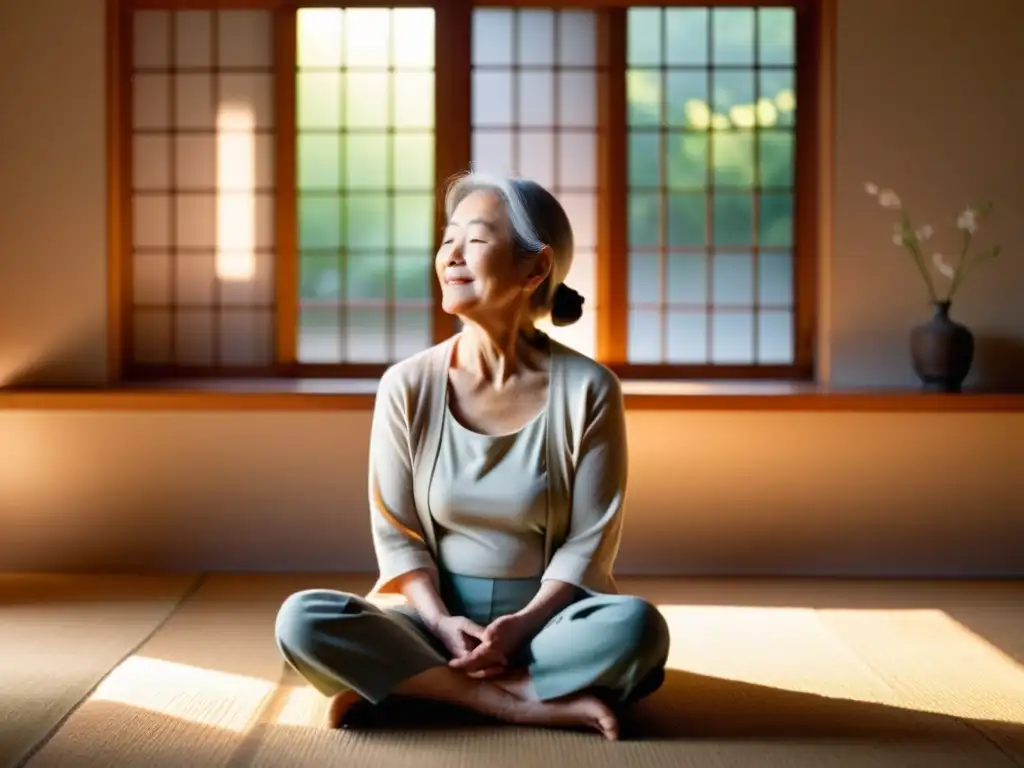 Una anciana medita en una habitación iluminada por el sol, rodeada de elementos zen