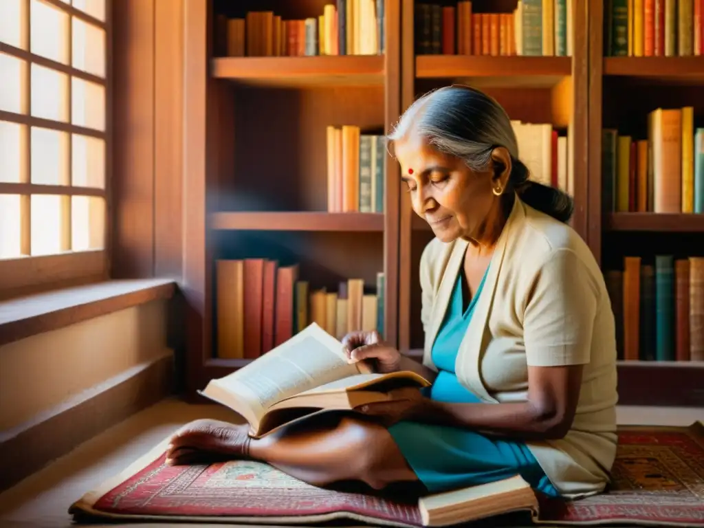 Una anciana india lee una autobiografía rodeada de libros antiguos y arte tradicional, creando una atmósfera serena