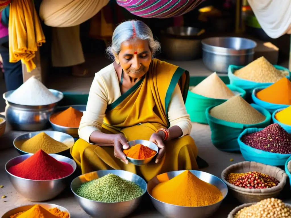 Una anciana india organiza especias en un bullicioso mercado de Delhi, reflejando la vibrante energía de la India contemporánea literatura