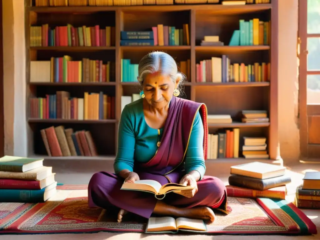 Una anciana india lee libros en varios idiomas en una habitación llena de coloridos estantes