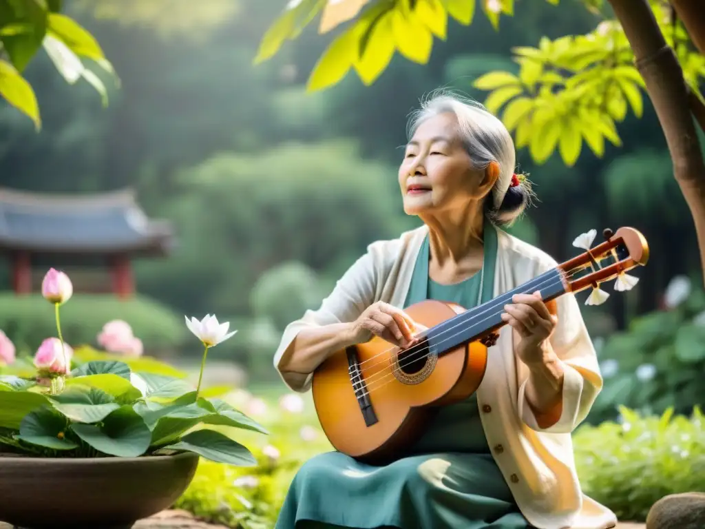 Una anciana toca un instrumento tradicional asiático en un jardín tranquilo, rodeada de naturaleza exuberante y flores