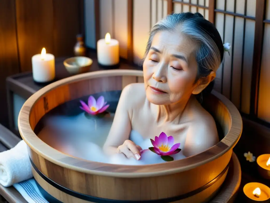 Una anciana japonesa disfruta de un baño tradicional rodeada de velas y pétalos de flor, en un ambiente de serenidad y purificación