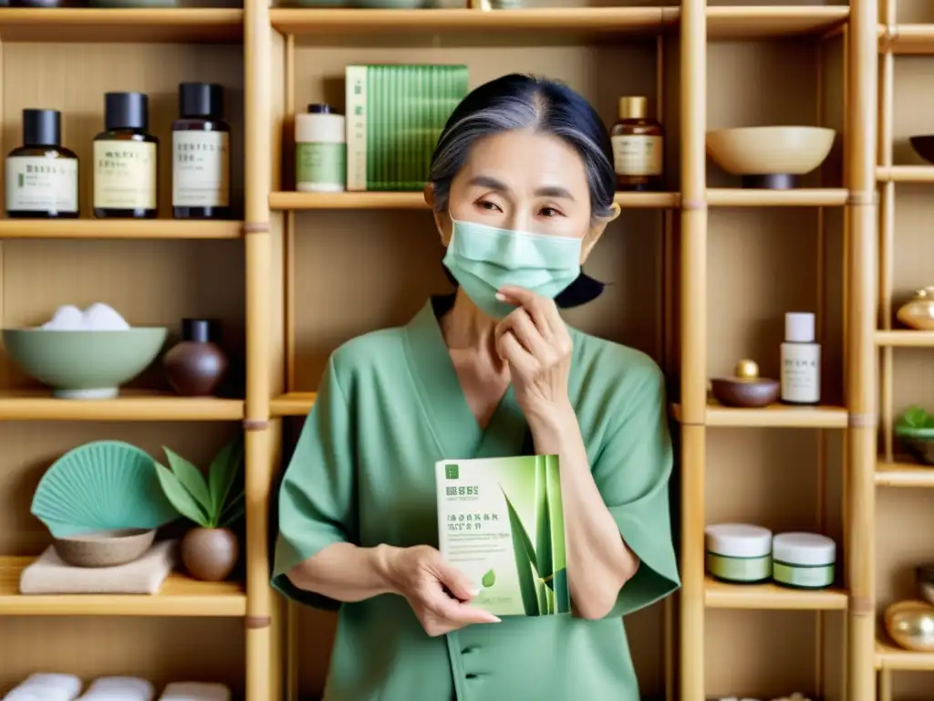 Una anciana japonesa aplica una mascarilla facial rodeada de productos de cuidado de la piel asiáticos y plantas de bambú