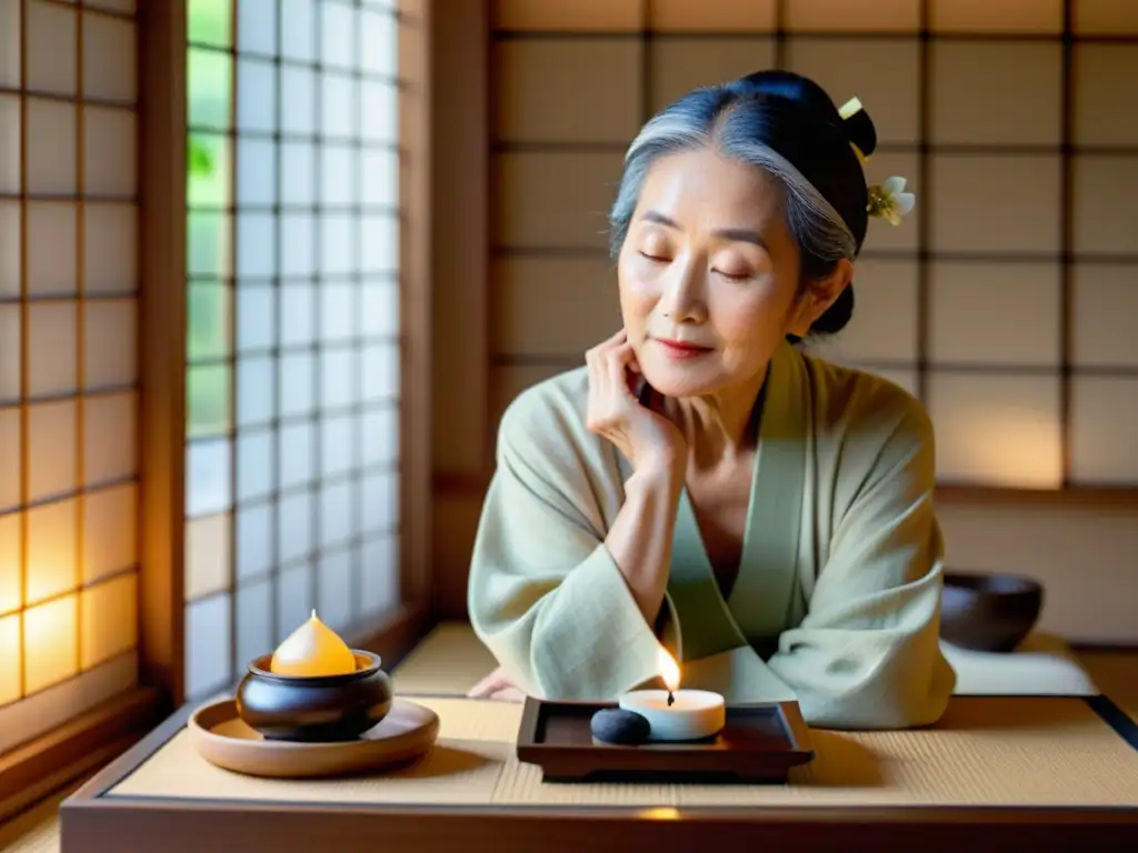 Una anciana japonesa realiza una rutina de cuidado de la piel con productos herbales en un ambiente sereno y tradicional