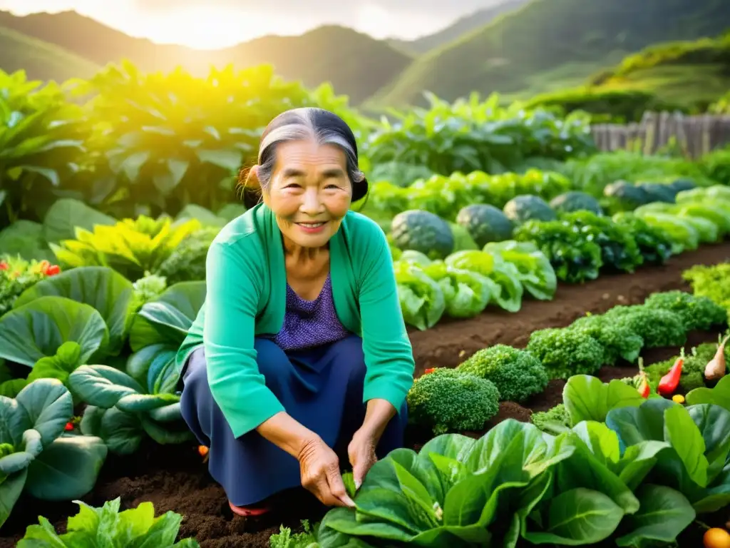 Una anciana okinawense cuida con amor su exuberante huerto rodeado de frutas tropicales