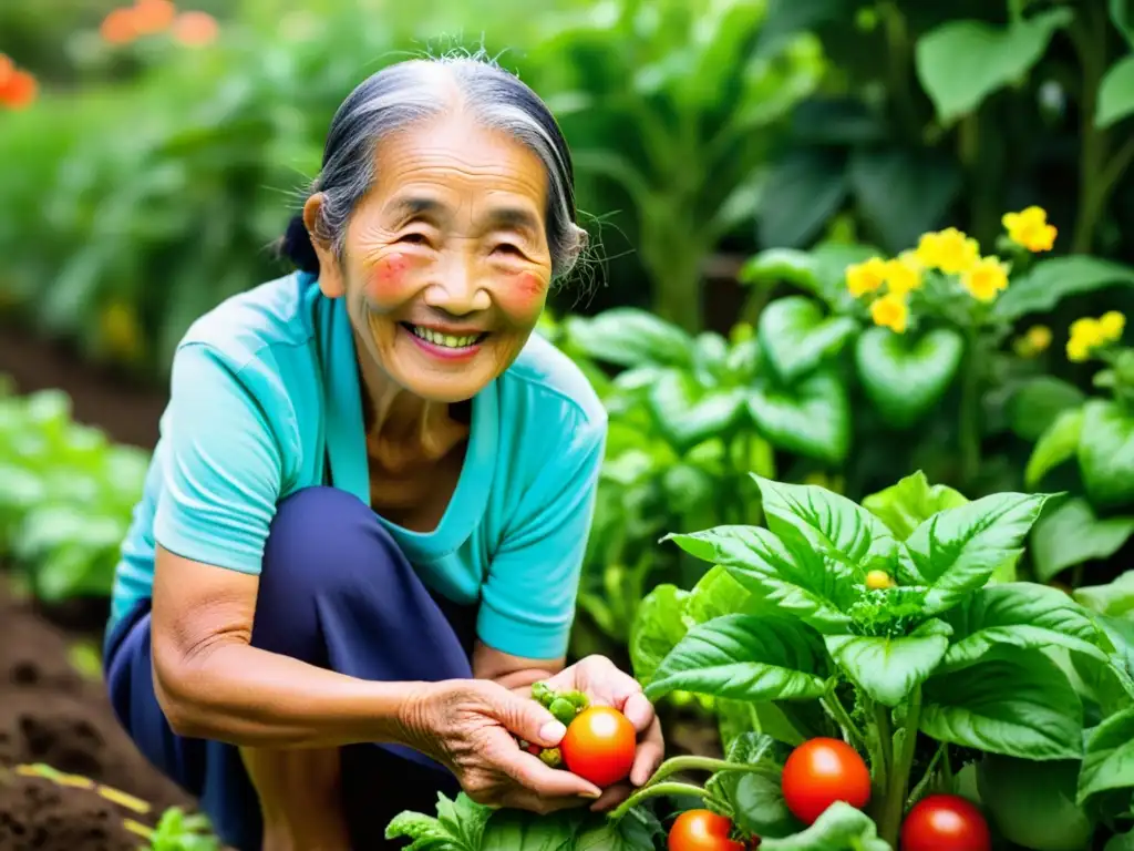 Una anciana okinawense cuida su próspero huerto rodeado de exuberante vegetación y flores coloridas, conectada con la tierra y la dieta Okinawa longevidad vida moderna