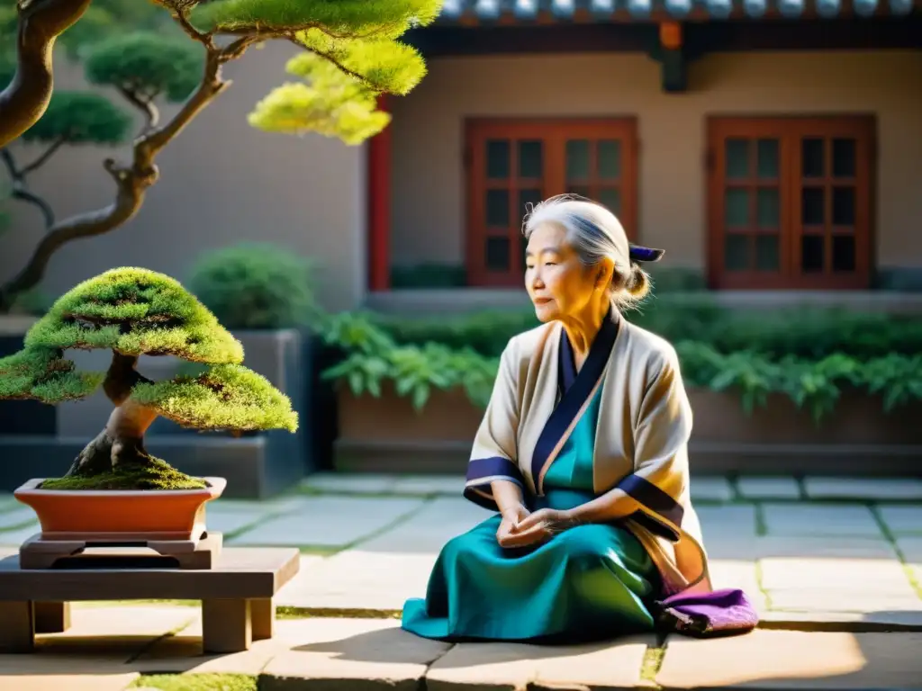 Una anciana en un patio soleado cuida un bonsái, reflejando el respeto a los ancianos en la cultura asiática