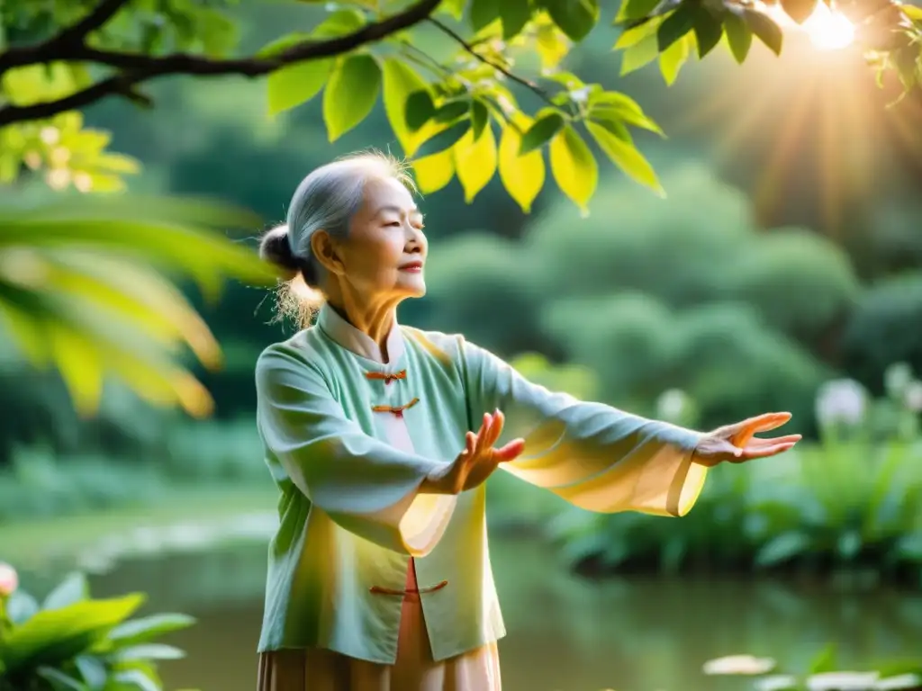 Una anciana serena practica Tai Chi en un jardín exuberante, reflejando los beneficios de Qi Gong y Tai Chi en armonía