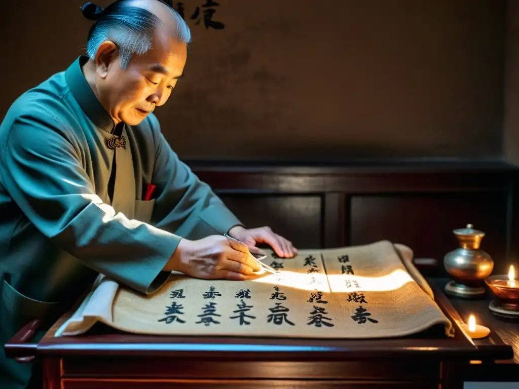 Un anciano acupuntor chino aplica agujas en la espalda de un paciente en una sala con aroma a incienso y decorada con caligrafía china antigua