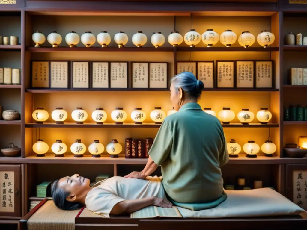 Un anciano acupuntor chino en su clínica tradicional, aplicando agujas en la espalda de un paciente, rodeado de hierbas ancestrales y textos médicos