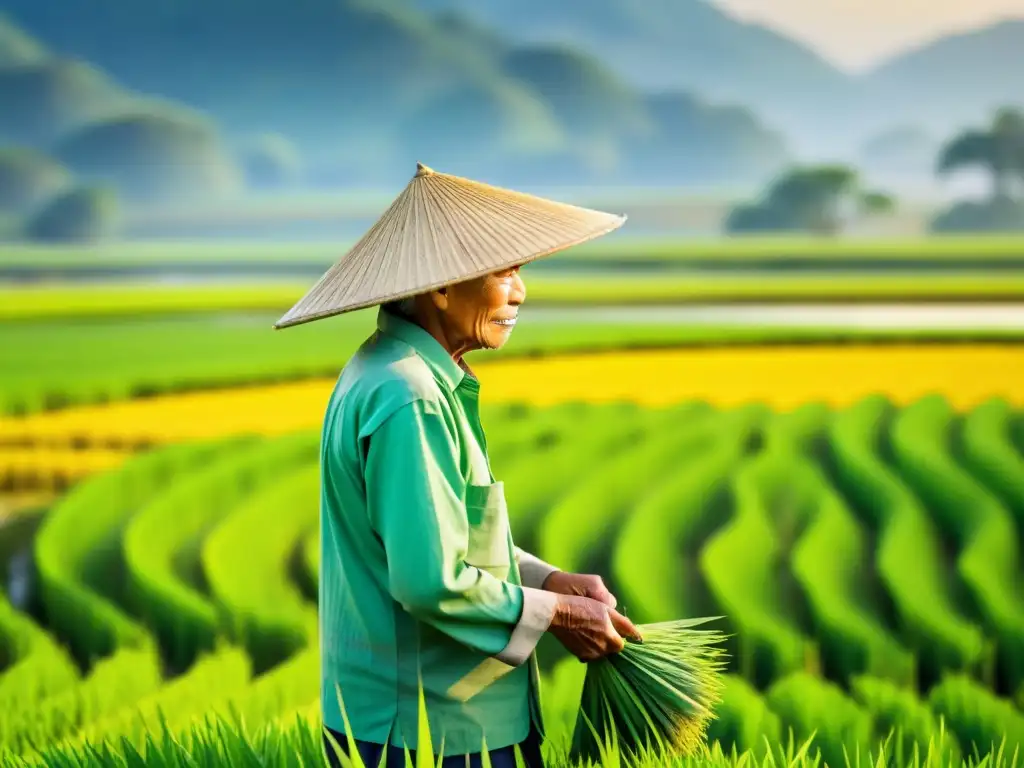 Un anciano agricultor cuidando con esmero los exuberantes campos de arroz bajo el cálido sol vespertino, reflejando sabiduría y tradición agrícola