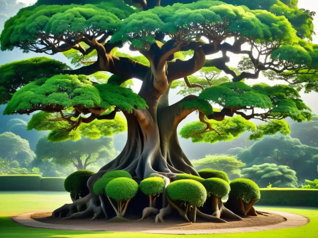 Anciano árbol Bodhi en jardín tranquilo, símbolo de sabiduría eterna