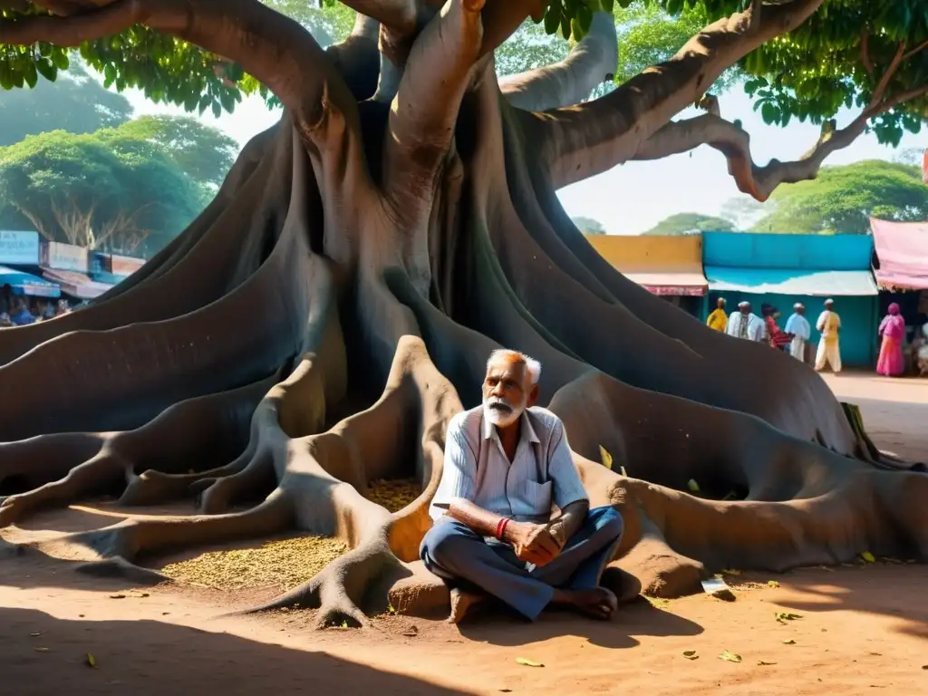 Un anciano comparte sabiduría bajo un árbol en un bullicioso mercado indio, entendiendo las leyes de causa y efecto