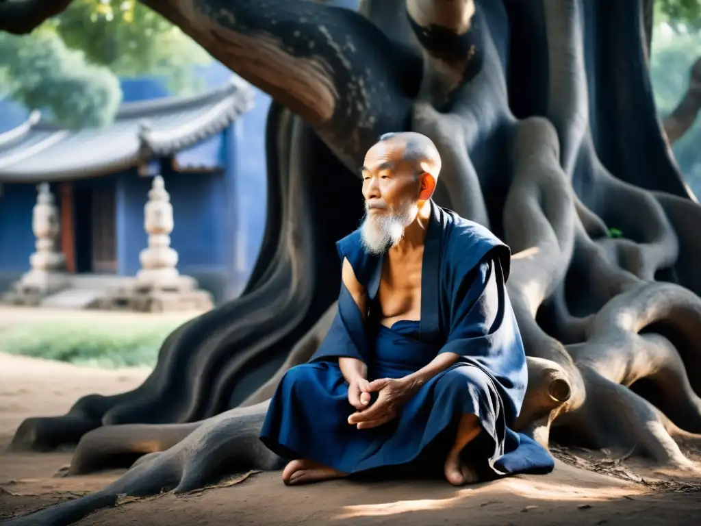 Un anciano monje taoísta medita bajo un árbol milenario, inmerso en la enseñanza del taoísmo en aulas naturales