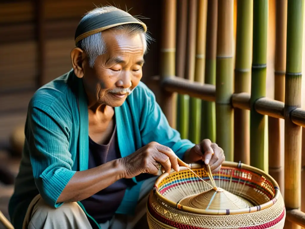 Un anciano artesano asiático teje con cuidado una cesta tradicional, rodeado de materiales naturales