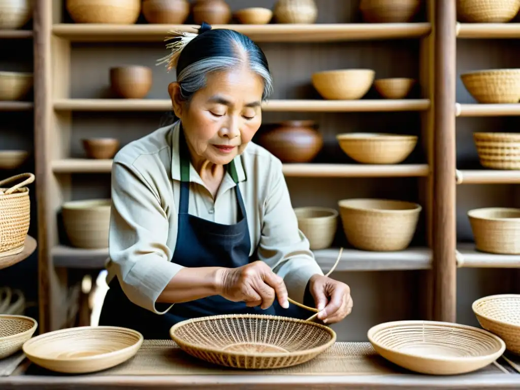 Un anciano artesano asiático teje con destreza una cesta tradicional, mostrando el significado simbólico de la cestería asiática