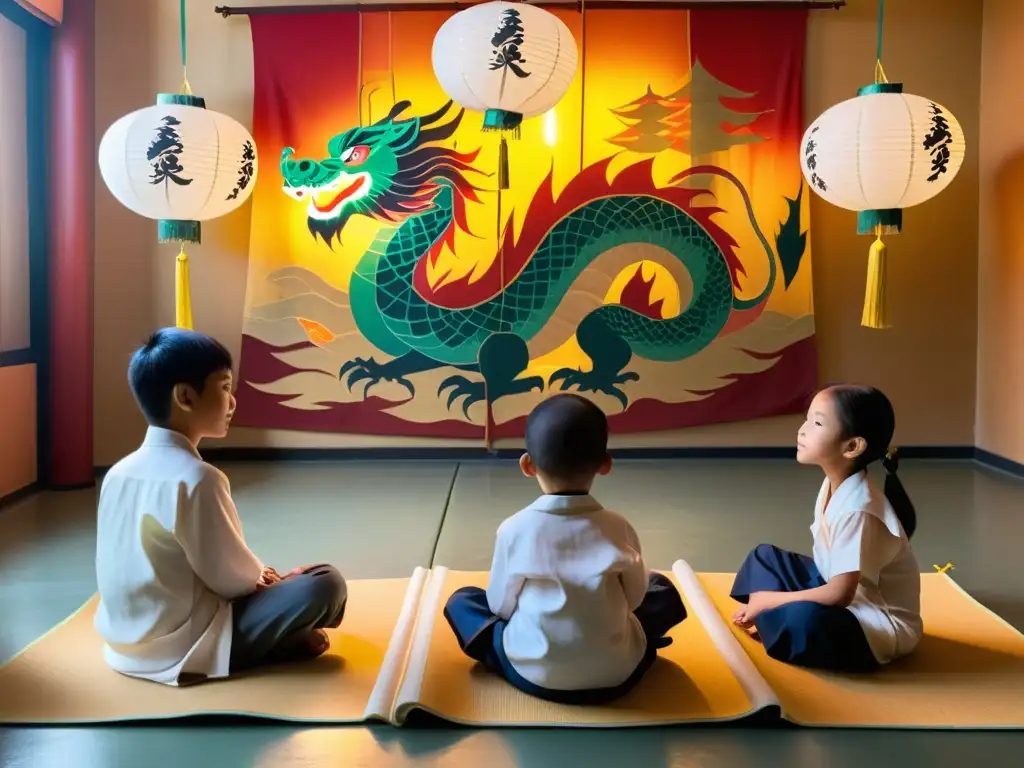 Clase de arte asiático: pintando un dragón Un anciano artista guía a un niño en la pintura de un dragón, rodeados de estudiantes en un aula asiática iluminada por faroles de papel