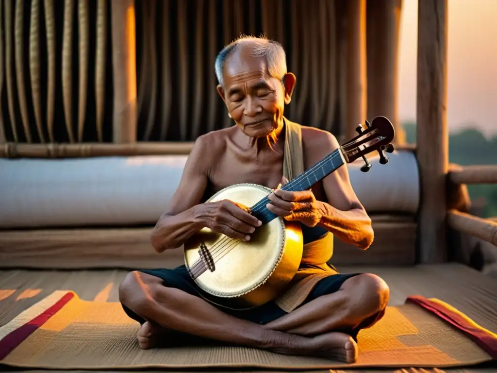 Un anciano músico tailandés toca el khim al atardecer, entre verdor y arquitectura tradicional