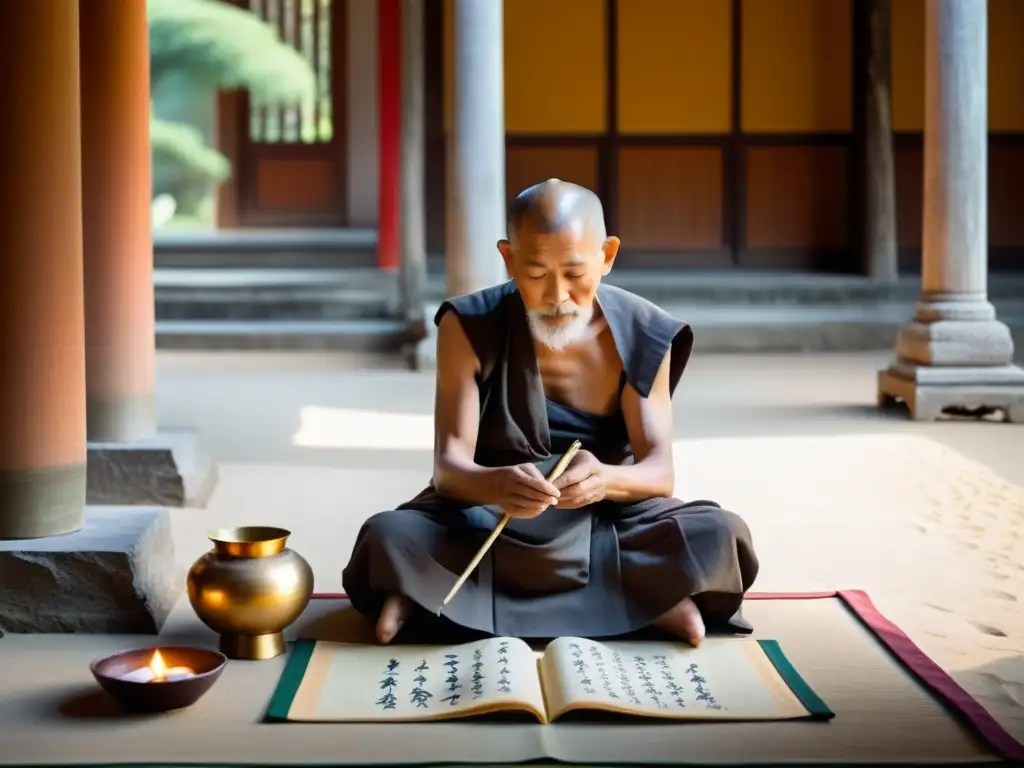 Un anciano monje practica caligrafía zen en un tranquilo patio de templo