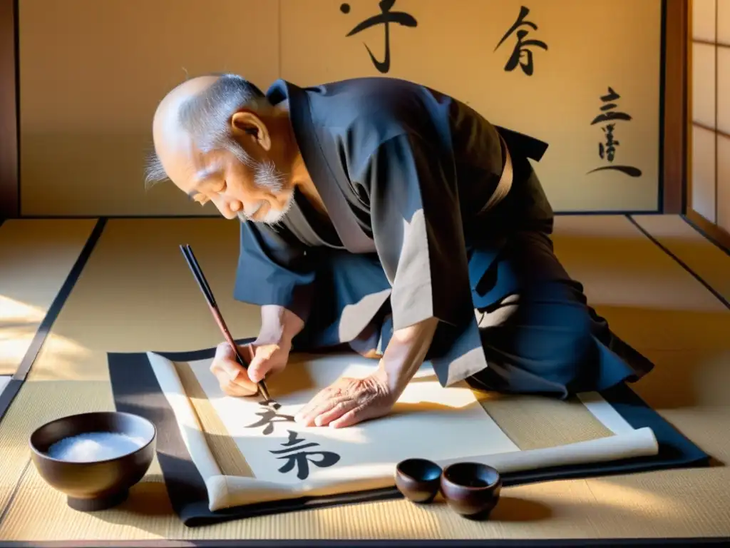 Un anciano calígrafo japonés crea una obra de arte con su pincel sobre papel de arroz, reflejando la esencia del arte de la hospitalidad japonesa