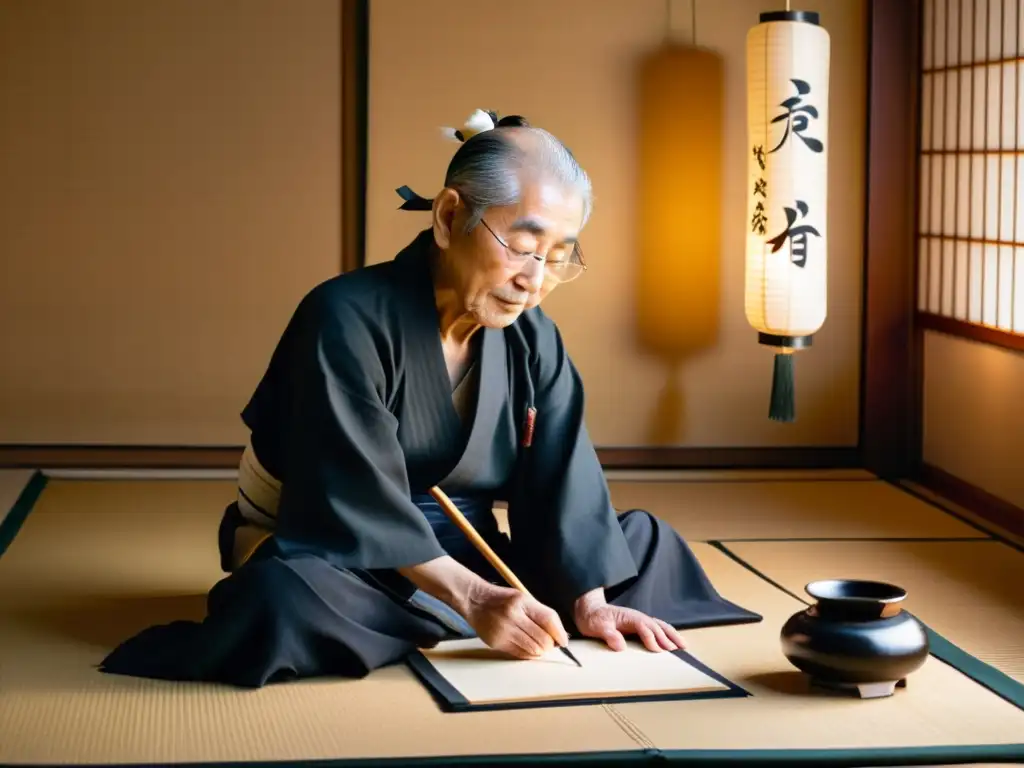 Un anciano calígrafo japonés se sienta en un tatami rodeado de pergaminos y pinceles