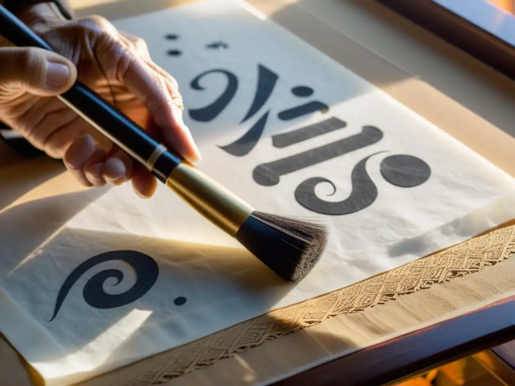 Un anciano callígrafo asiático crea poesía en papel de arroz con un pincel tradicional, iluminado por la suave luz del sol