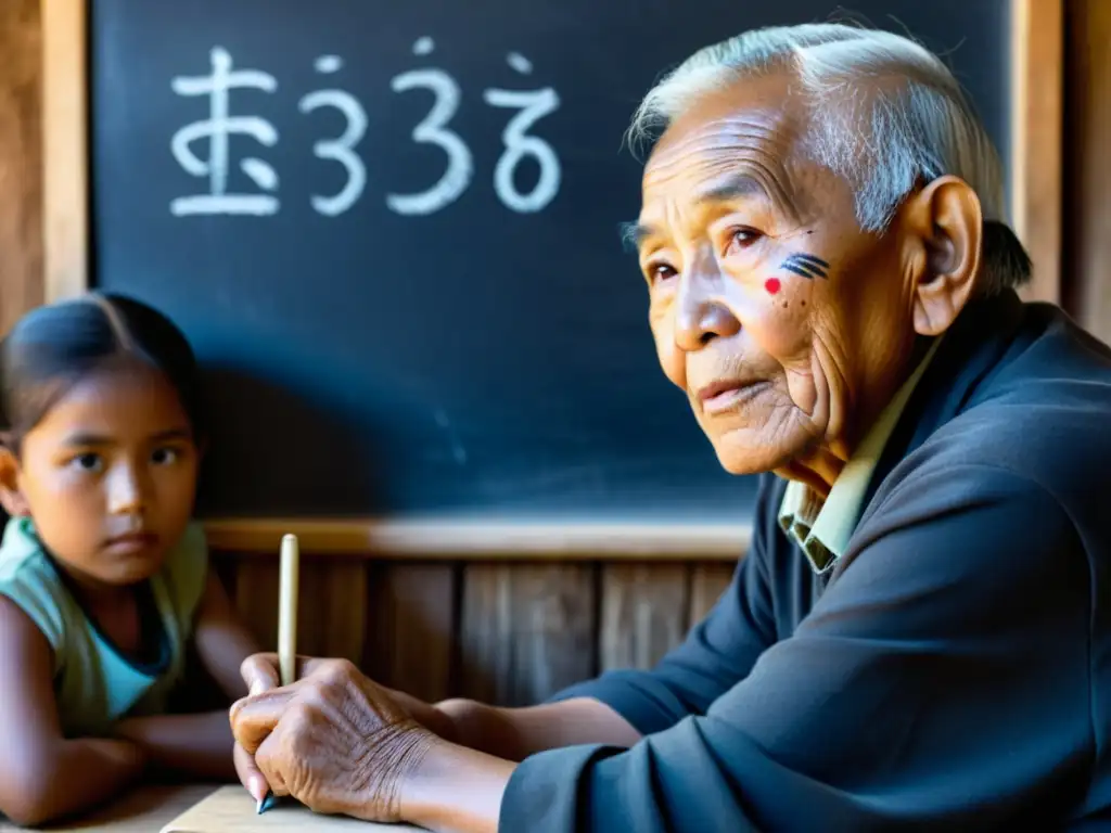 Un anciano de una comunidad indígena asiática enseña a niños en un aula tradicional, preservación de idiomas asiáticos en serie