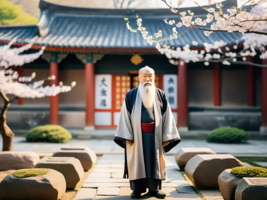 Un anciano erudito confuciano reflexiona en un patio lleno de enseñanzas