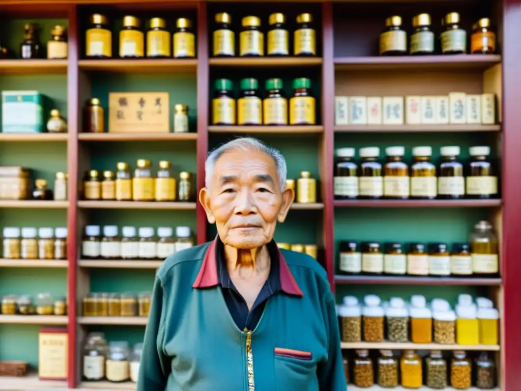 Un anciano de la etnia Bama Yao sostiene un elixir dorado frente a una tienda de medicina tradicional china, rodeado de hierbas y remedios coloridos