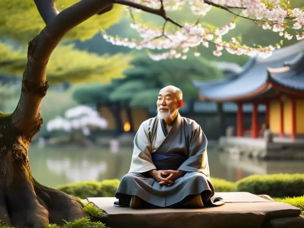 Un anciano monje taoísta irradia serenidad en un jardín tranquilo, rodeado de naturaleza exuberante y flores de cerezo