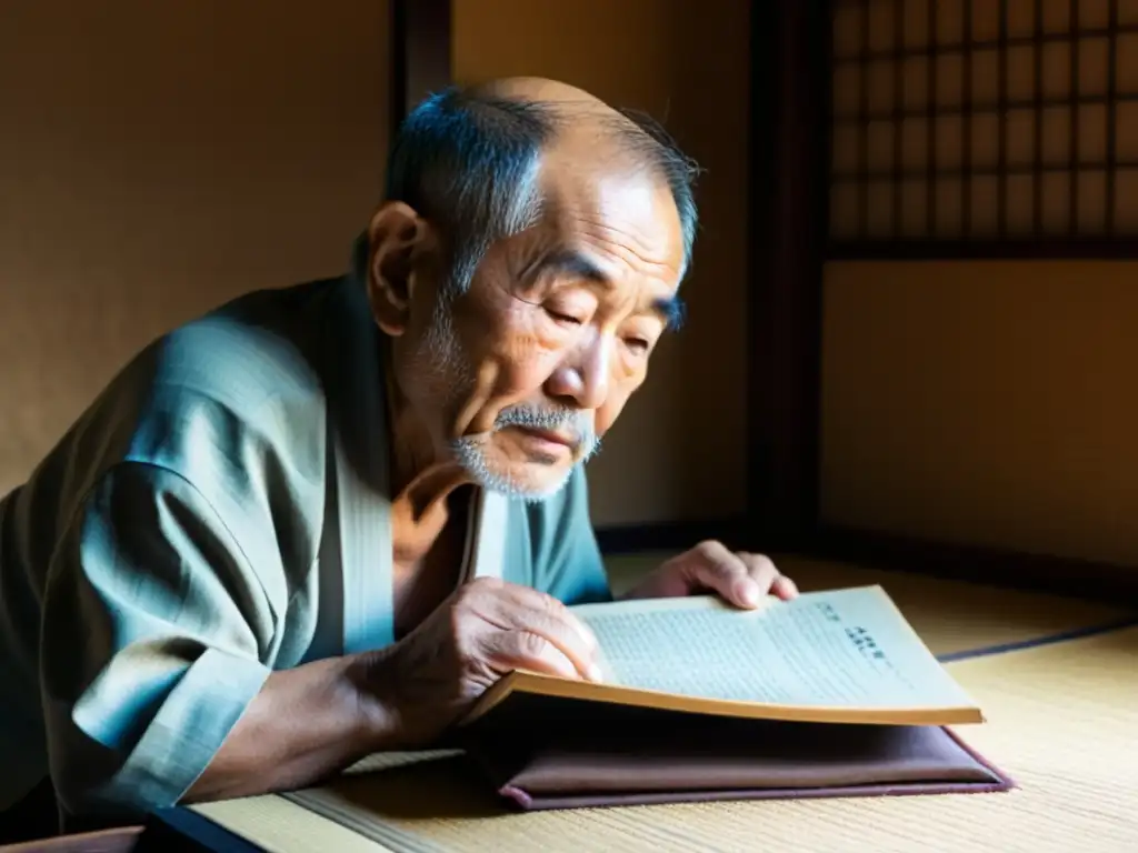 Un anciano japonés lee 'La Casa de las Bellas Durmientes' en una habitación tradicional, evocando la resonancia de la obra literaria