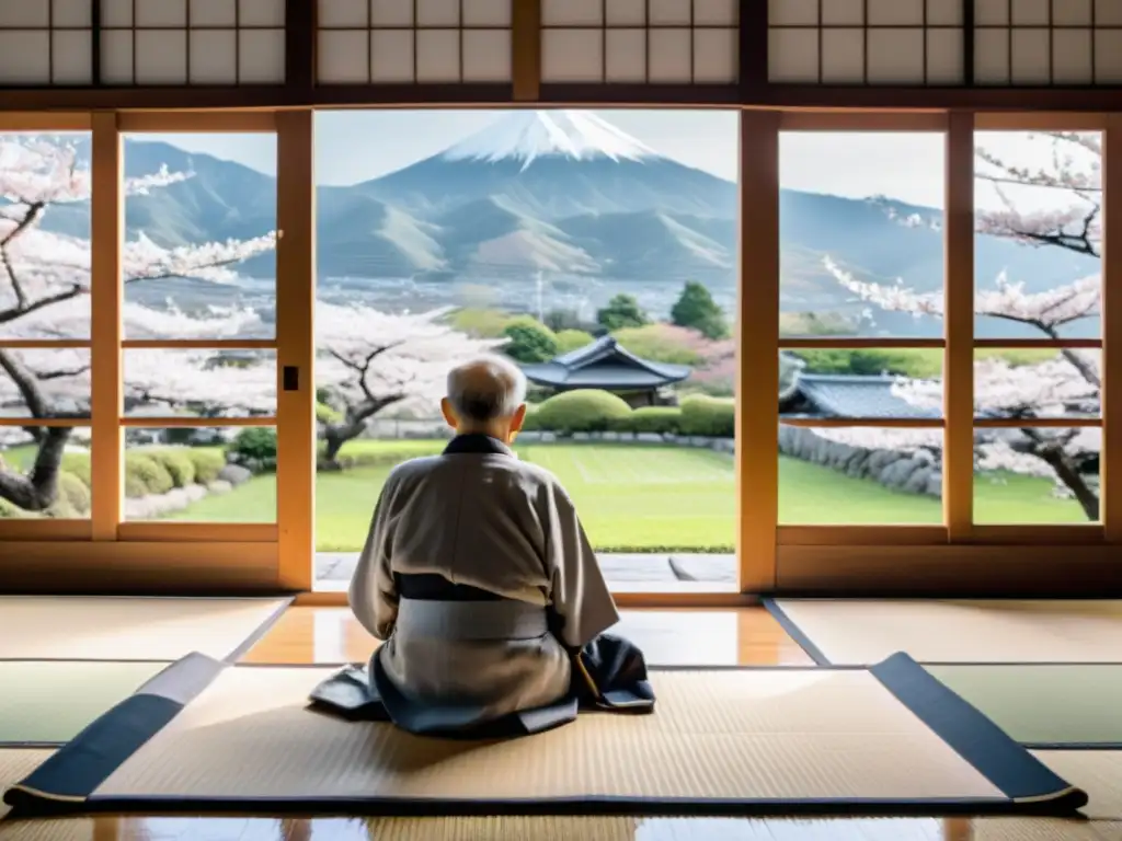 Un anciano japonés contempla un jardín de cerezos desde su hogar, reflejando la serenidad de Japón y la reflexión de 'La sonrisa etrusca'