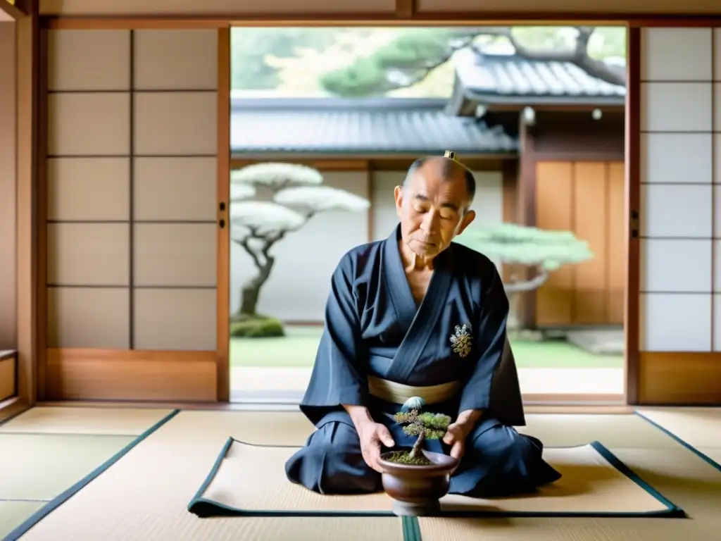 Un anciano japonés cuida con gracia un bonsái en su tradicional habitación, reflejando la resonancia de La Casa de las Bellas Durmientes