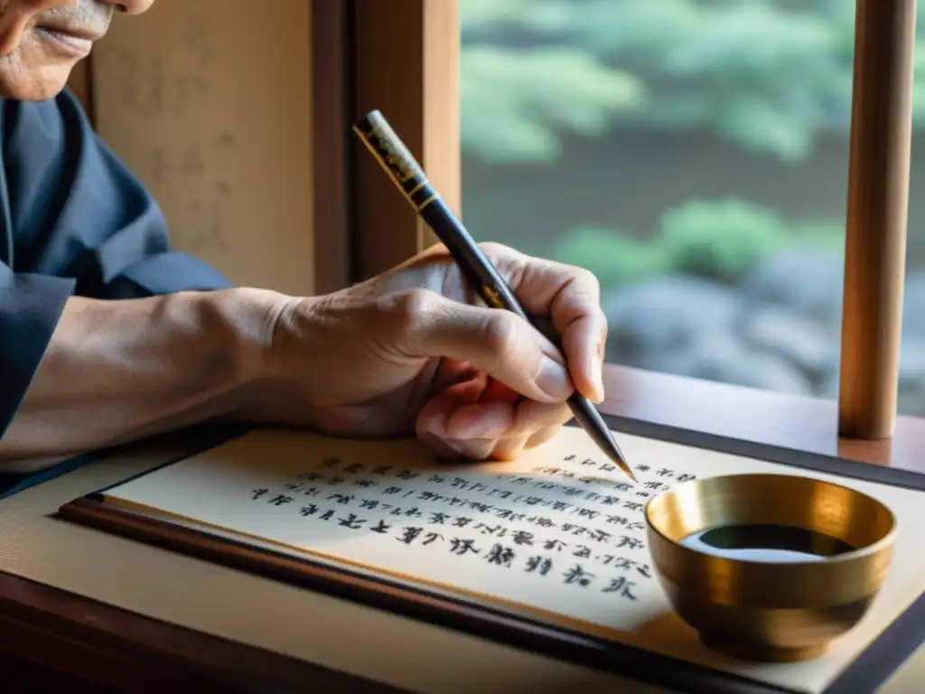 Un anciano japonés escribe un haiku con precisión en papel washi