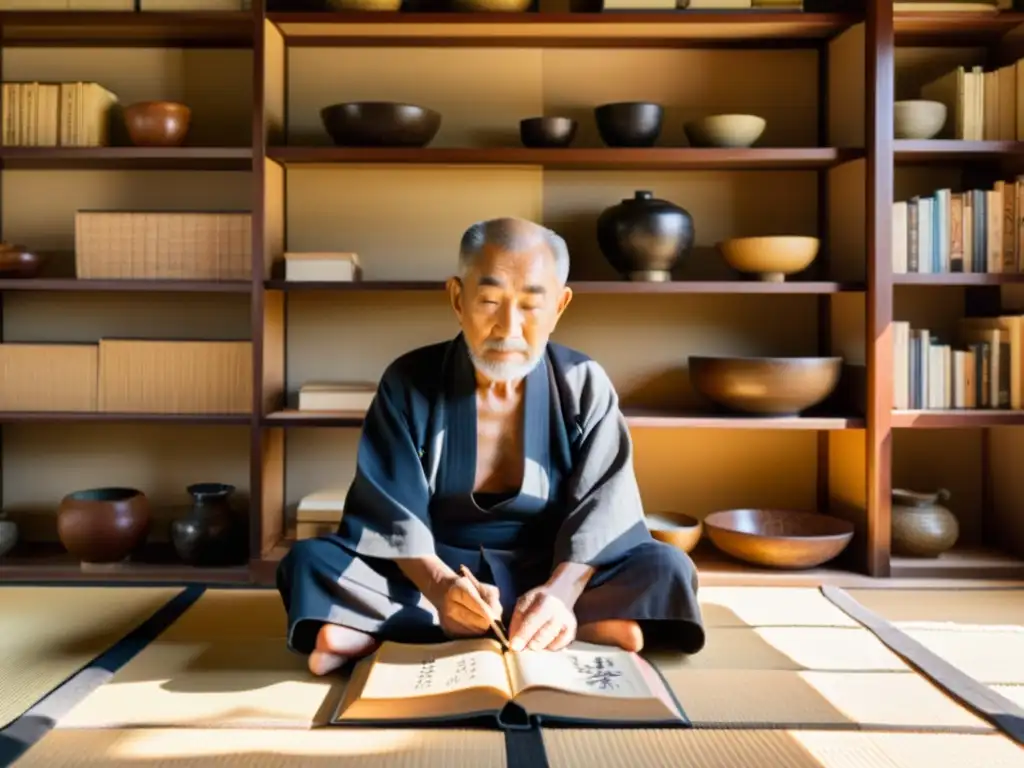 Un anciano japonés reflexiona con el libro 'La sonrisa etrusca' en un ambiente sereno y cultural de Japón