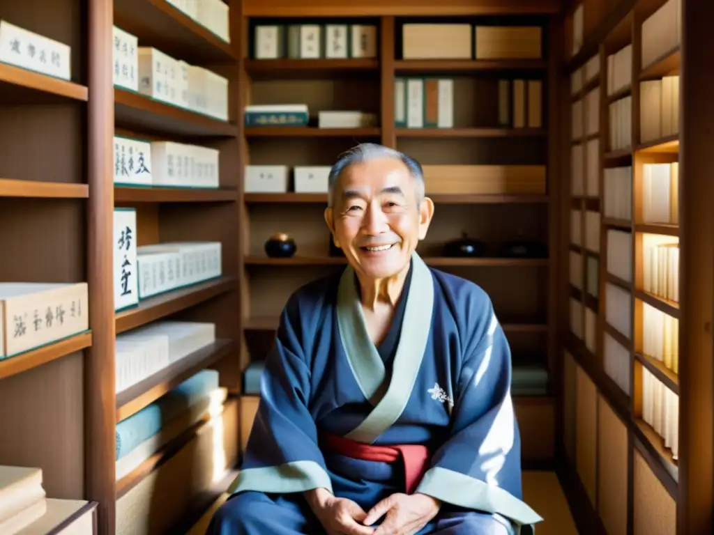 Un anciano japonés sonriente con un kimono, leyendo 'La sonrisa etrusca' en una sala tradicional japonesa llena de libros y pinceles de caligrafía