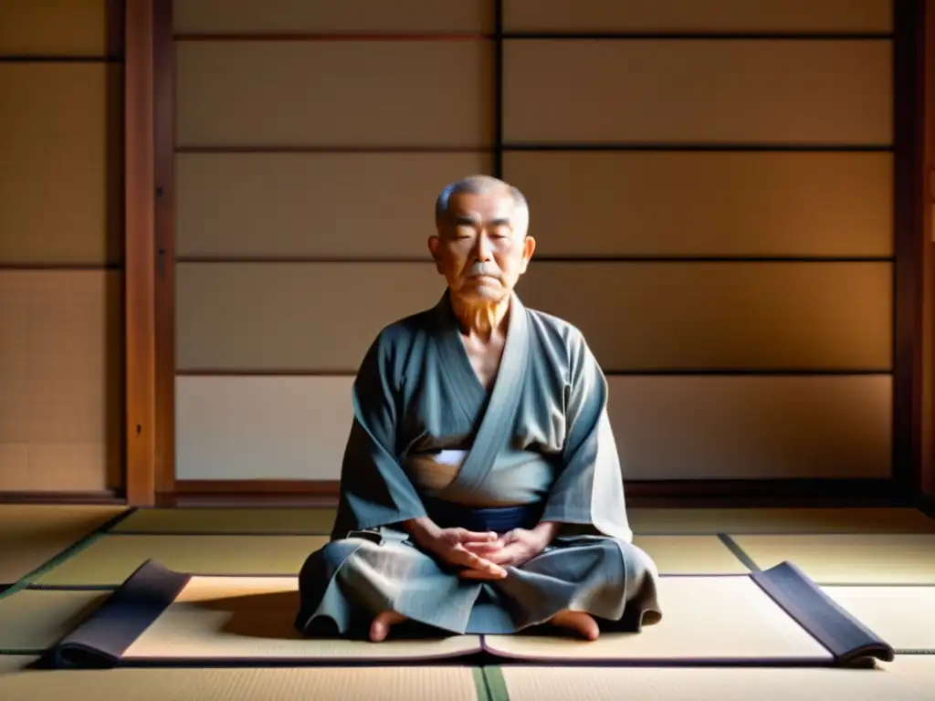 Un anciano japonés practica técnicas asiáticas de respiración para salud en una habitación zen iluminada y serena con bonsái y caligrafía