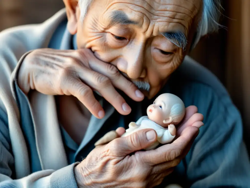 Un anciano japonés sostiene con ternura una delicada muñeca de porcelana blanca, evocando la resonancia de La Casa de las Bellas Durmientes