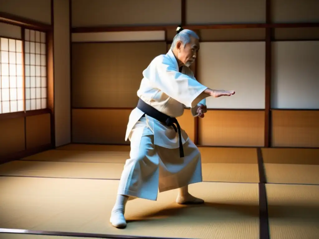 Un anciano maestro de Aikido en gi blanco enseña con sabiduría y fuerza, mientras su discípulo refleja determinación