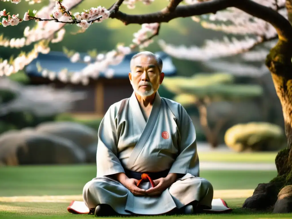 Un anciano maestro de artes marciales en atuendo japonés tradicional medita en un jardín sereno rodeado de árboles de cerezo