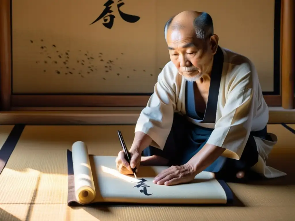 Un anciano maestro de caligrafía se sienta en un tatami tradicional, creando delicados caracteres en papel de arroz