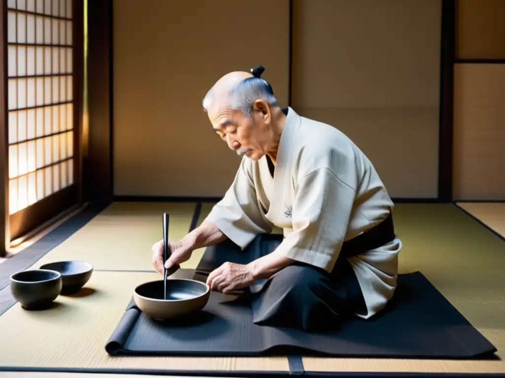 Un anciano maestro japonés de caligrafía, sumergido en la práctica del arte marcial de la caligrafía asiática en un ambiente sereno y minimalista