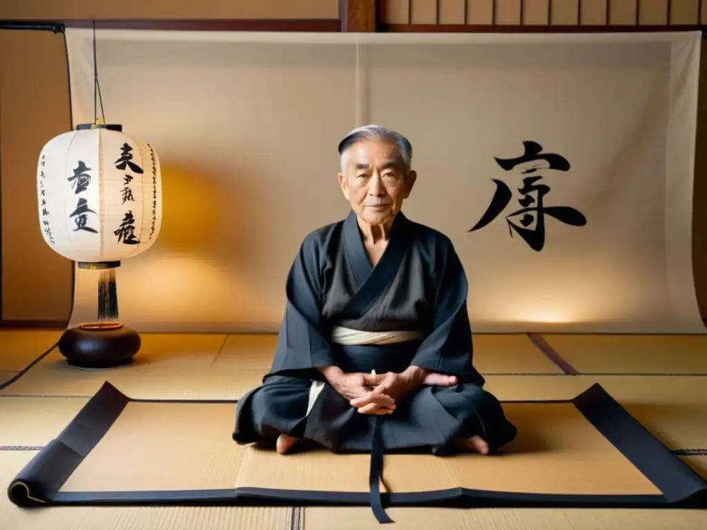 Un anciano maestro japonés de caligrafía se sienta en un tatami, con manos arrugadas sobre papel de arroz