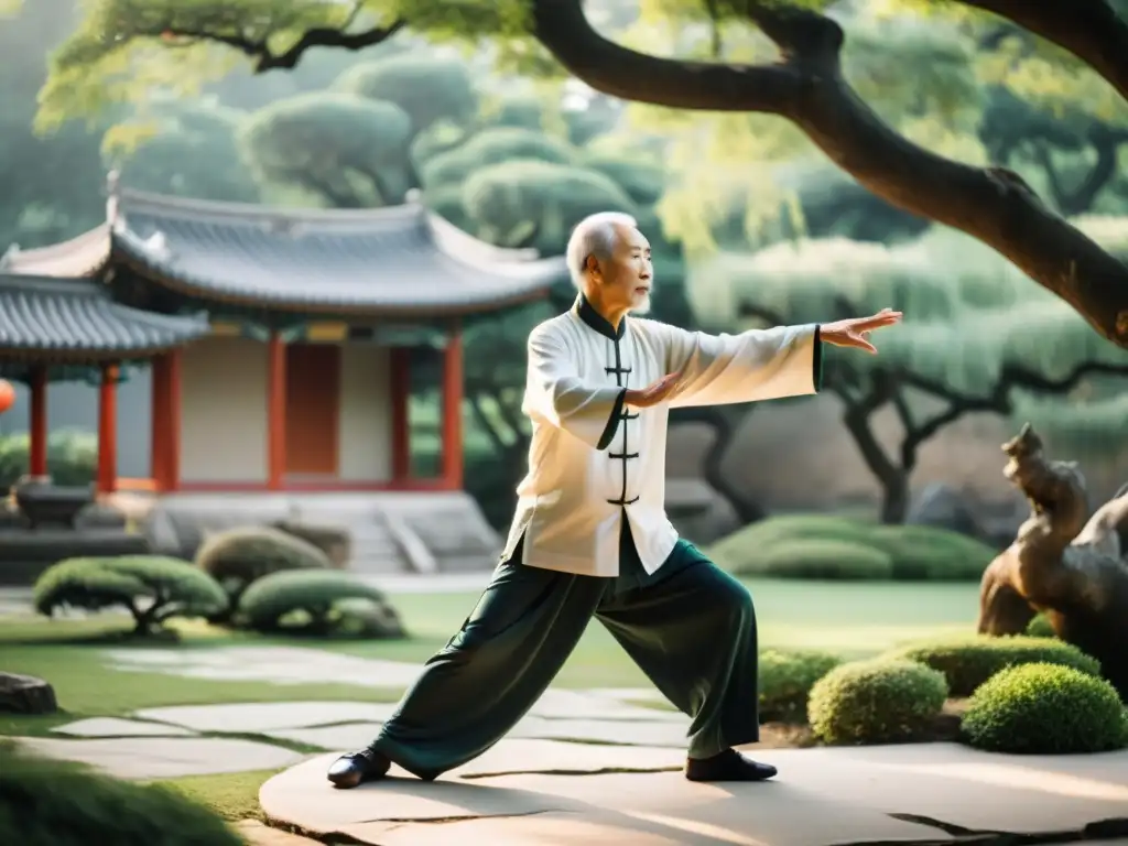 Un anciano maestro de Tai Chi practica en un jardín sereno, rodeado de pagodas antiguas y bonsáis exuberantes