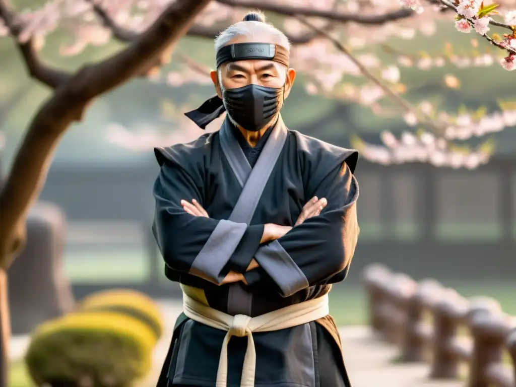 Un anciano maestro ninja en un jardín al amanecer, rodeado de árboles de cerezo