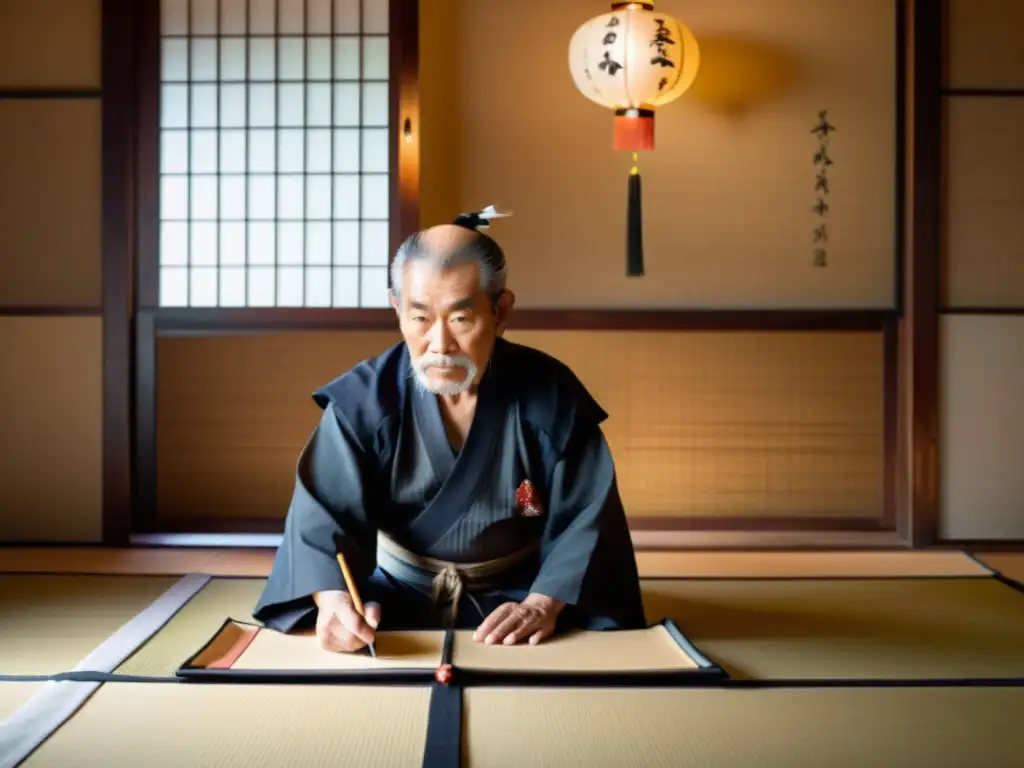 Un anciano maestro samurái concentra su serenidad en la caligrafía en un tatami iluminado por suaves linternas de papel